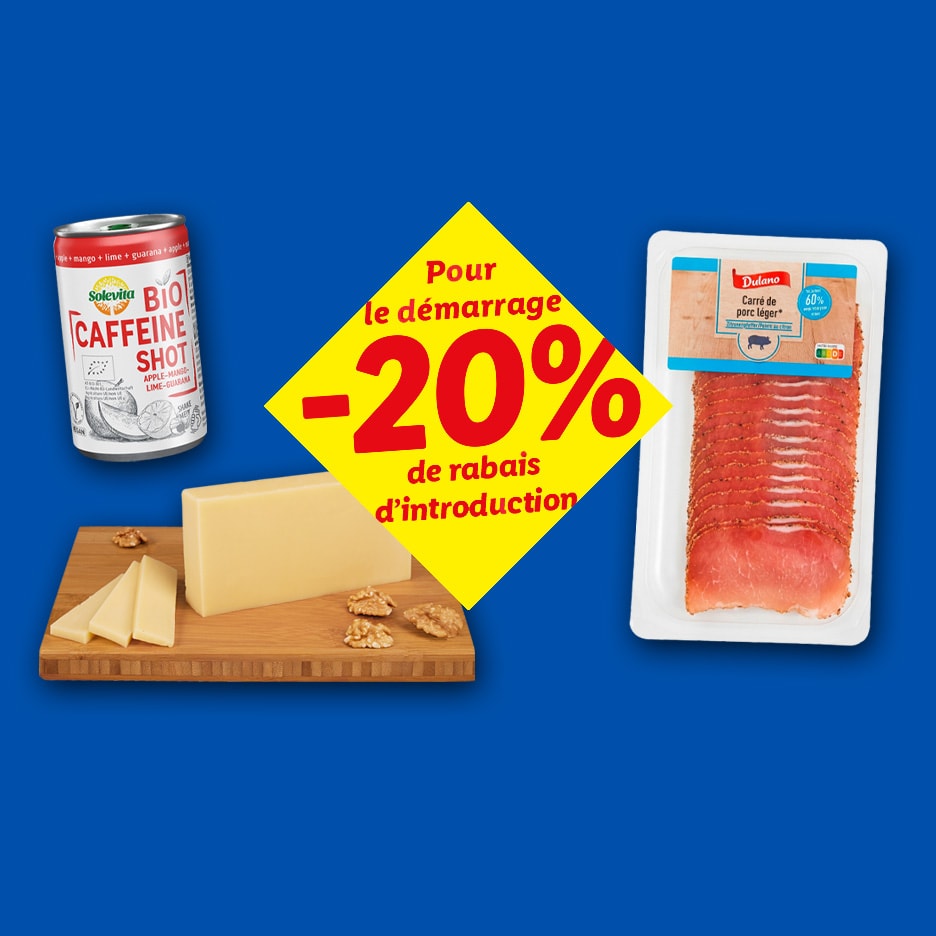 Energy-Drink, Käse und Schweinefleisch mit 20% Rabatt.