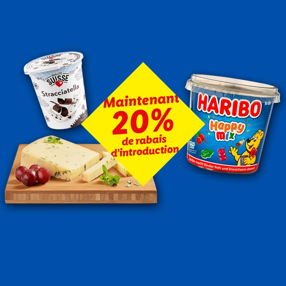 Stracciatella-Joghurt, Käse und Gummibärchen mit 20% Einführungsrabatt.