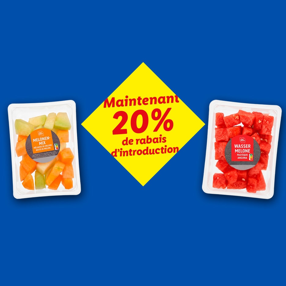 Verpackungen mit Melonen-Mix und Wassermelonenwürfeln mit 20% Einführungsrabatt.