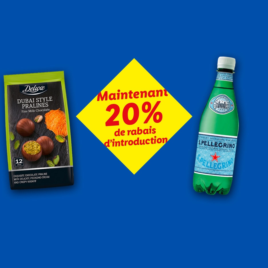 Schokoladenpralinen und Sprudelwasser mit 20% Rabatt.