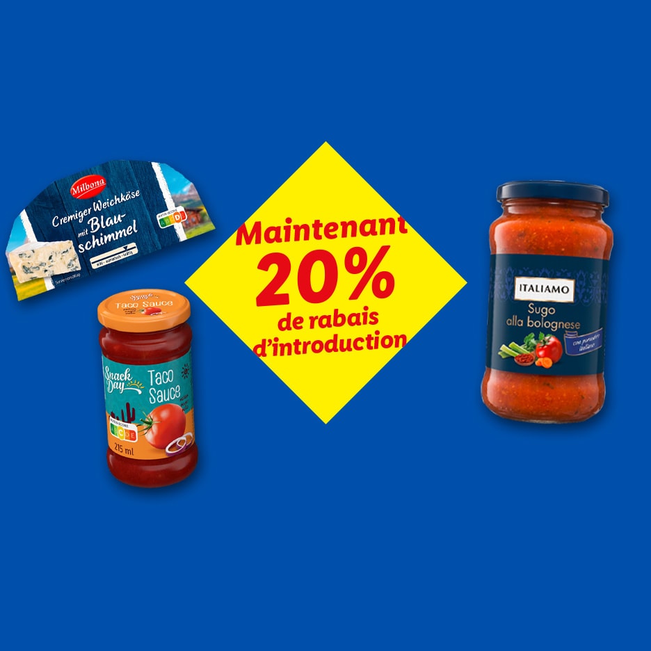 Blauschimmelkäse, Taco-Sauce und Bolognese-Sauce mit 20% Rabatt.