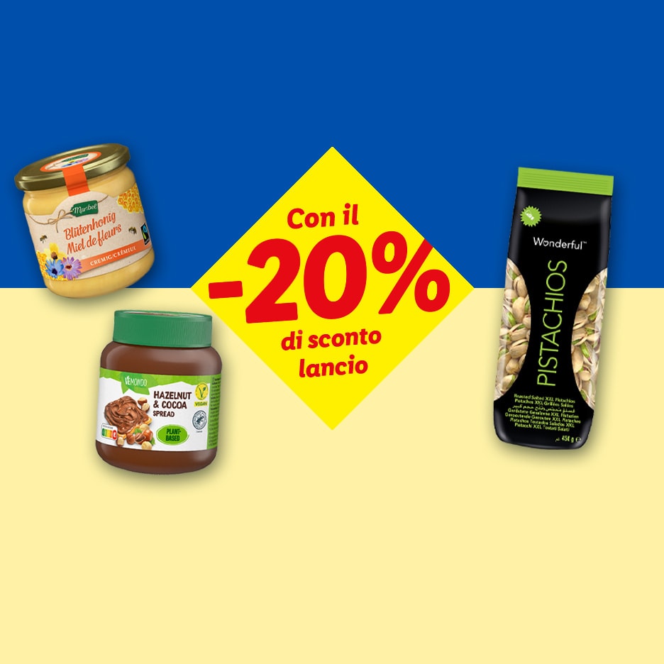 Miele, crema spalmabile nocciole e cacao e pistacchi con sconto del 20%.