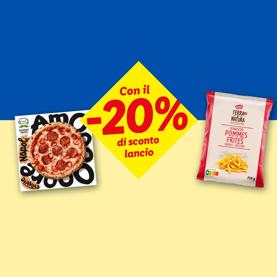 Diavola Pizza und Terra Natura Pommes Frites mit 20% Rabatt auf blau-gelbem Hintergrund.