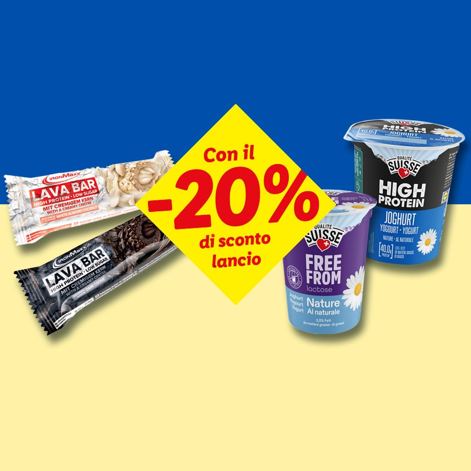 Proteinriegel und Joghurt mit 20% Einführungsrabatt auf ukrainischem Flaggenhintergrund.