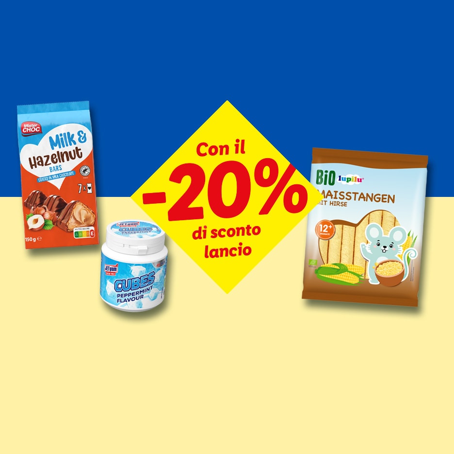 Milch-Haselnuss-Riegel, Pfefferminz-Kaugummis und Maisstangen mit 20% Einführungsrabatt.