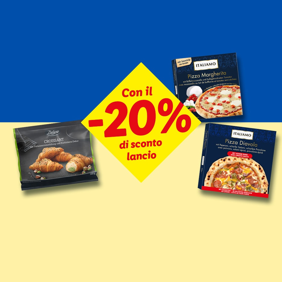 Werbebanner mit 20% Rabatt auf Croissants und Italiamo Pizzen vor ukrainischer Flagge.