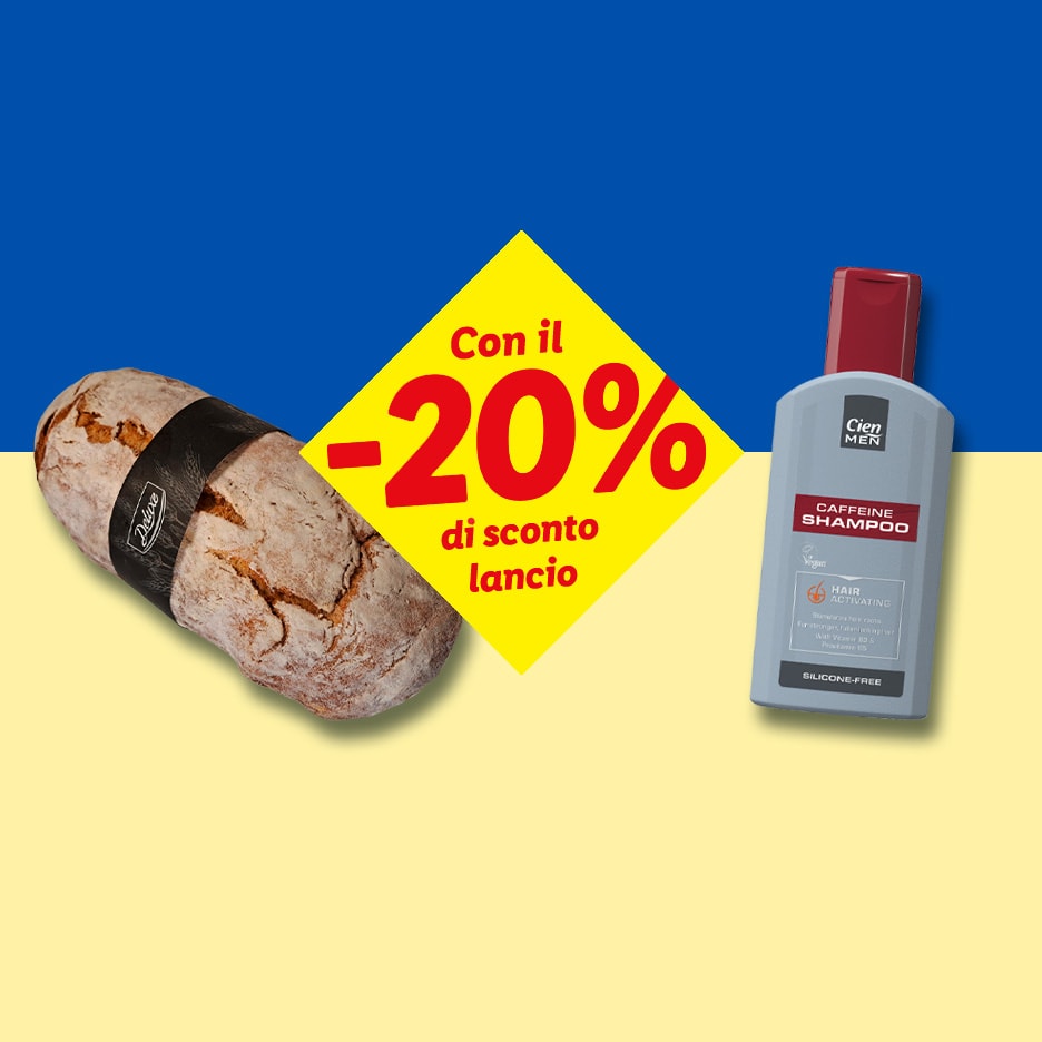 Pane e shampoo alla caffeina su sfondo blu e giallo con sconto del 20%.