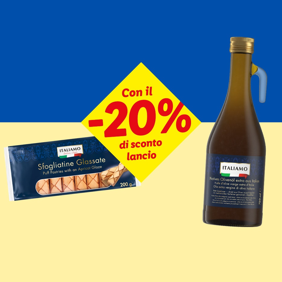 Sfoglie glassate e olio d'oliva con sconto del 20% su sfondo blu e giallo.