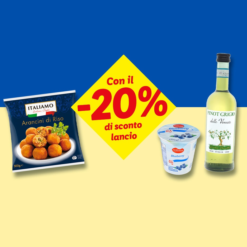 Confezione di arancini, yogurt ai mirtilli e una bottiglia di vino bianco con il 20% di sconto lancio.