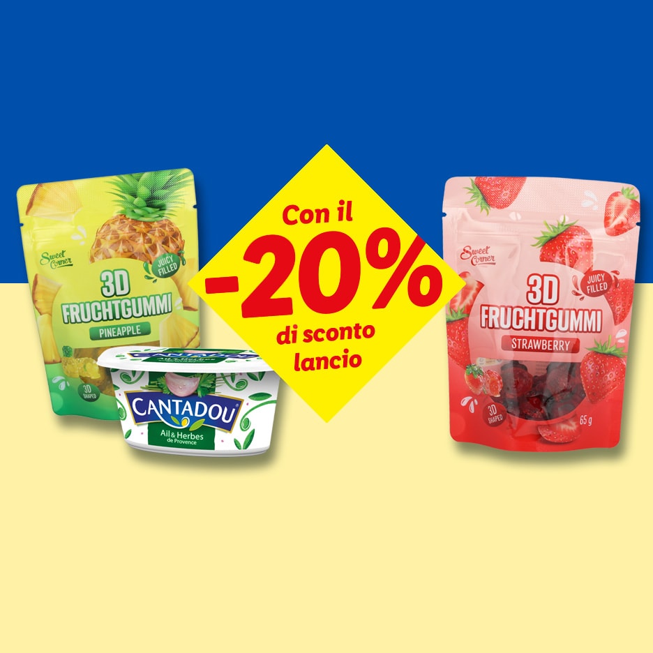 Formaggio spalmabile all'aglio ed erbe e caramelle gommose alla frutta con il 20% di sconto.