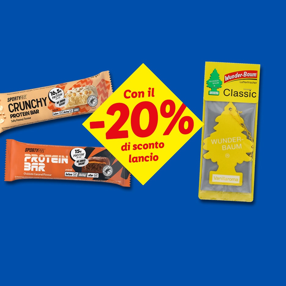 Proteinriegel und Auto-Lufterfrischer mit 20% Einführungsrabatt.