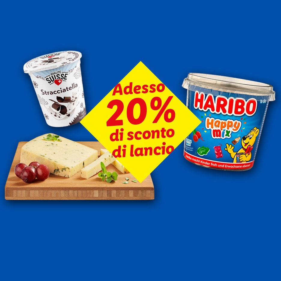 Stracciatella-Joghurt, Käse und Gummibärchen mit einem 20% Einführungsrabatt.