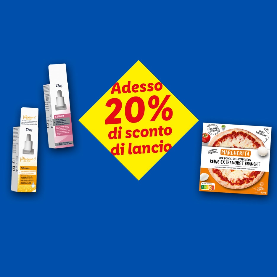 Hautpflege-Seren und eine Pizza Margherita mit 20% Einführungsrabatt.