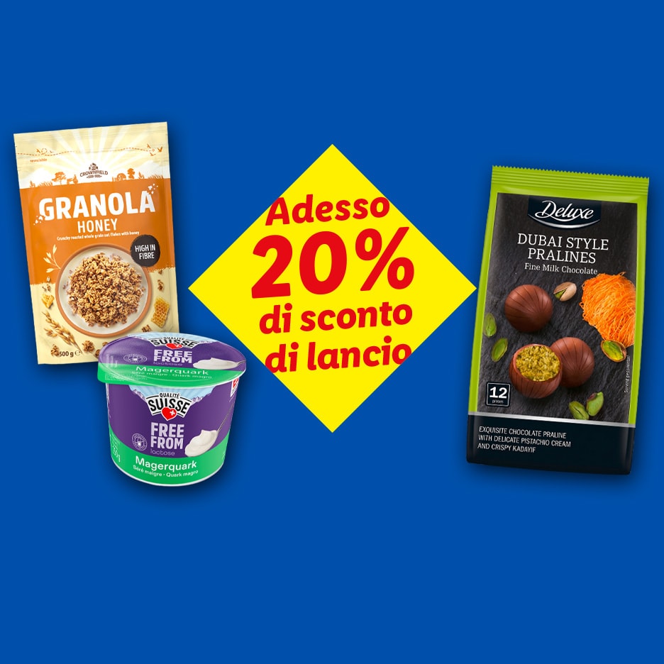 Müsli, Quark und Pralinen mit 20% Einführungsrabatt.