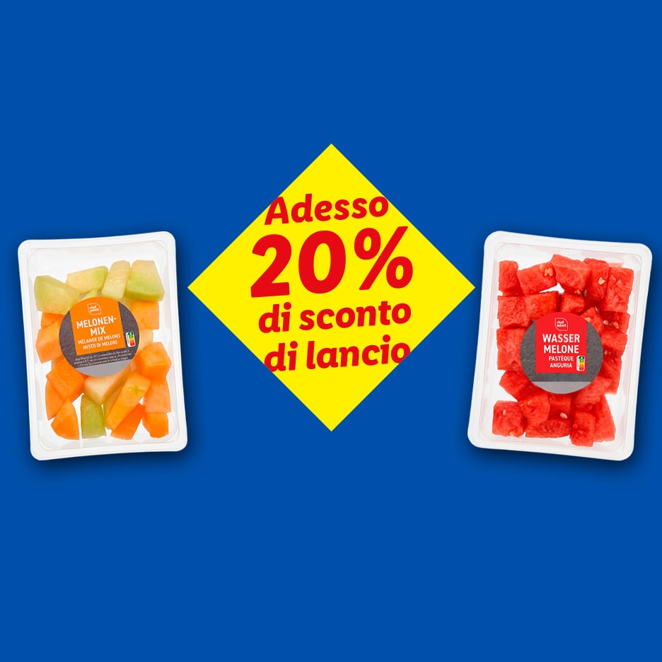Melonen-Mix und Wassermelone in Würfeln mit einem Einführungsrabatt von 20%.