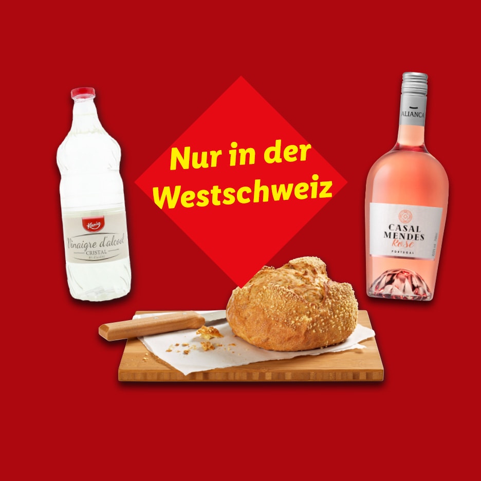 Essig, Brot und Roséwein mit der Aufschrift „Nur in der Westschweiz“.