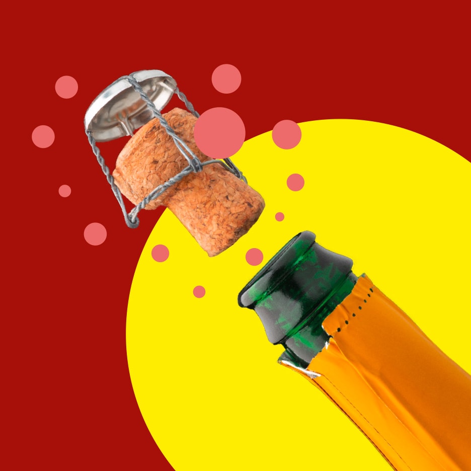 Bouchon de champagne qui saute avec des bulles sur fond rouge et jaune.