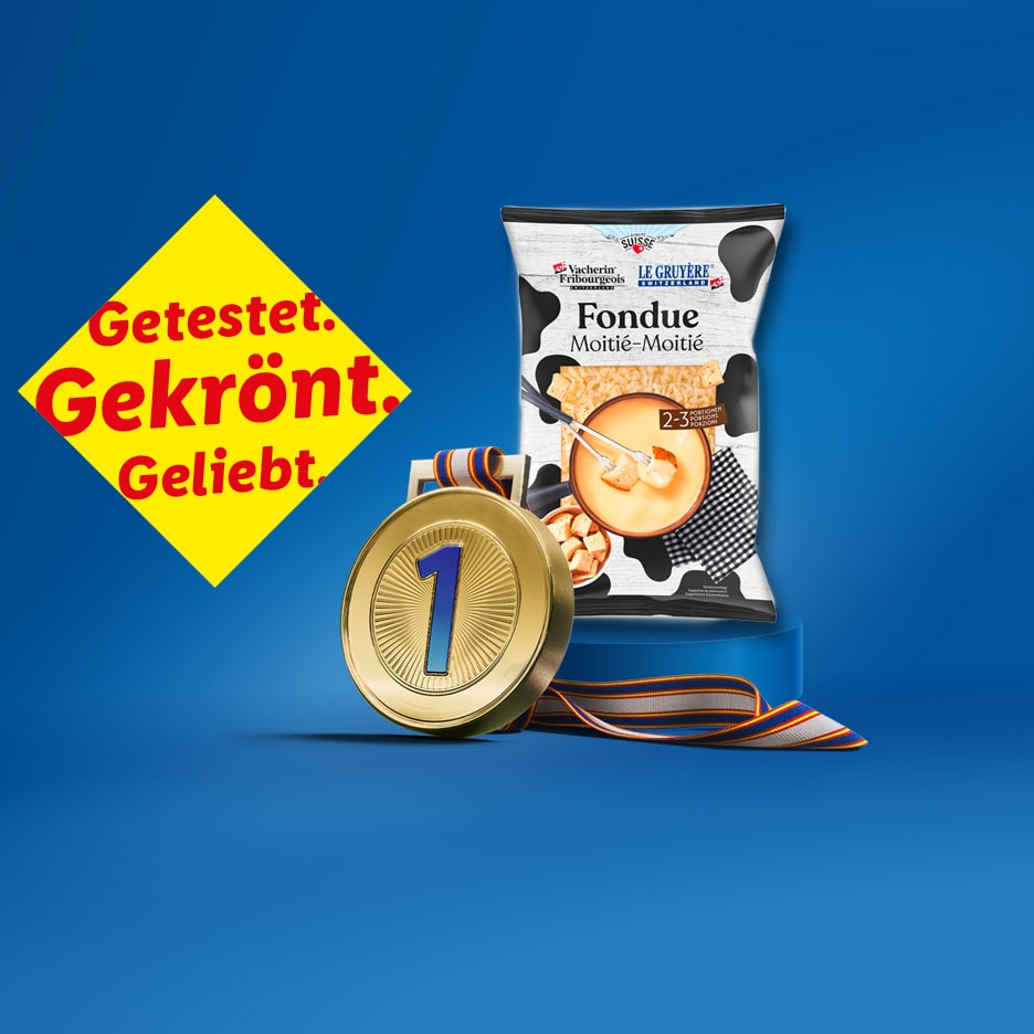 Fondue-Packung mit Goldmedaille und dem Text 'Getestet. Gekrönt. Geliebt.'