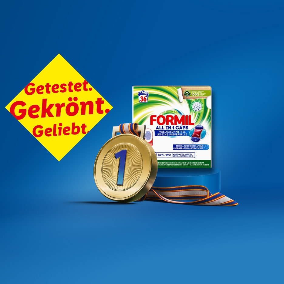 Formil All in 1 Caps Waschmittel mit Medaille und „Getestet. Gekrönt. Geliebt.“ Siegel.
