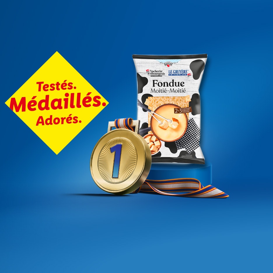 Vacherin Fribourgeois und Le Gruyère Fondue-Packung mit einer Goldmedaille und Text: 'Getestet. Ausgezeichnet. Geliebt.'