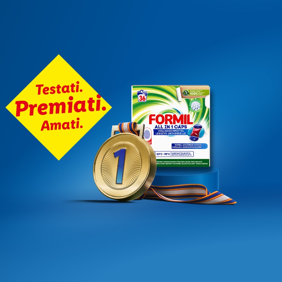 Formil All in 1 Caps Waschmittel mit einer Goldmedaille und dem Text „Getestet. Ausgezeichnet. Geliebt.“