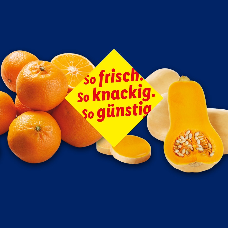 Frische Mandarinen und Butternusskürbis mit gelbem Rauten-Text-Overlay.