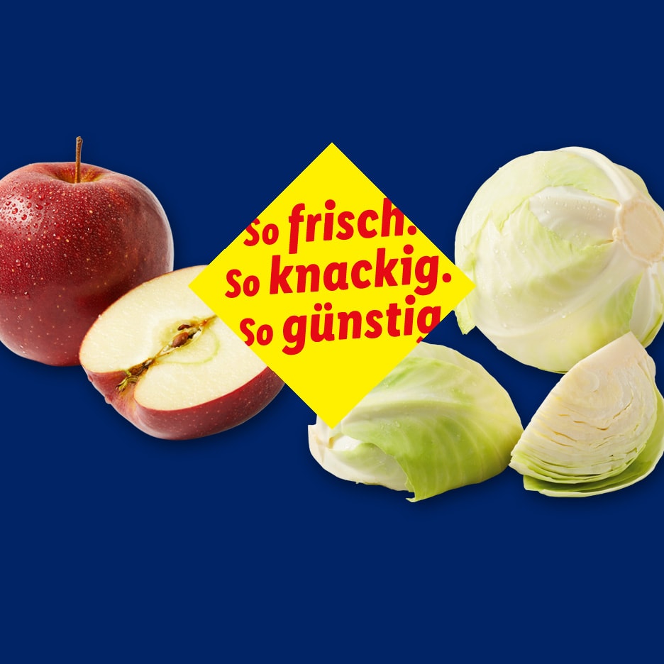 Frische Äpfel und Kohl auf blauem Hintergrund mit gelbem Slogan.