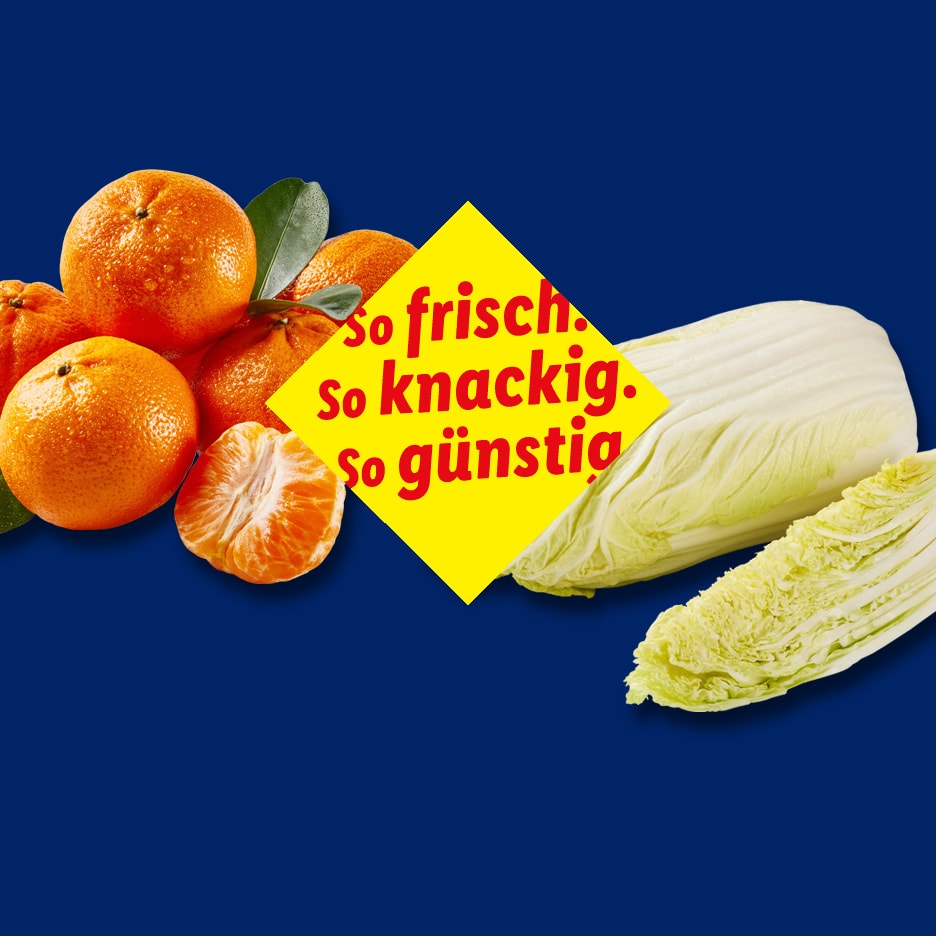 Frische Mandarinen und Chinakohl mit dem Slogan 'so frisch. so knackig. so günstig.'