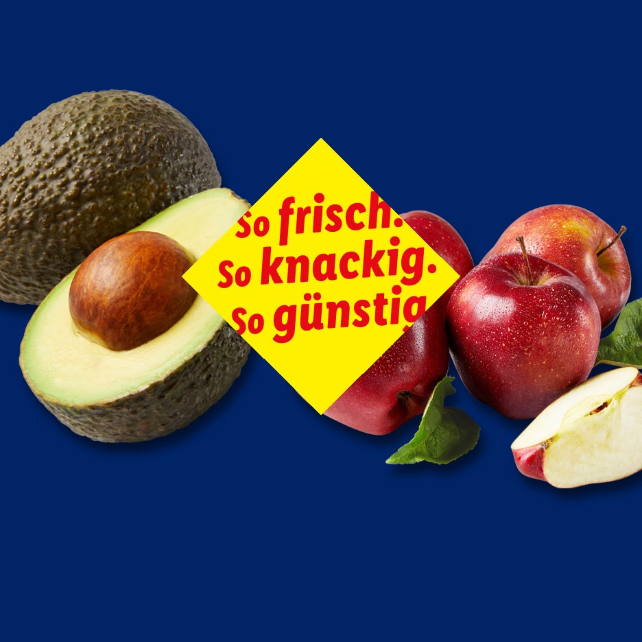 Avocado und Äpfel mit dem Text „so frisch. so knackig. so günstig“ auf blauem Hintergrund.