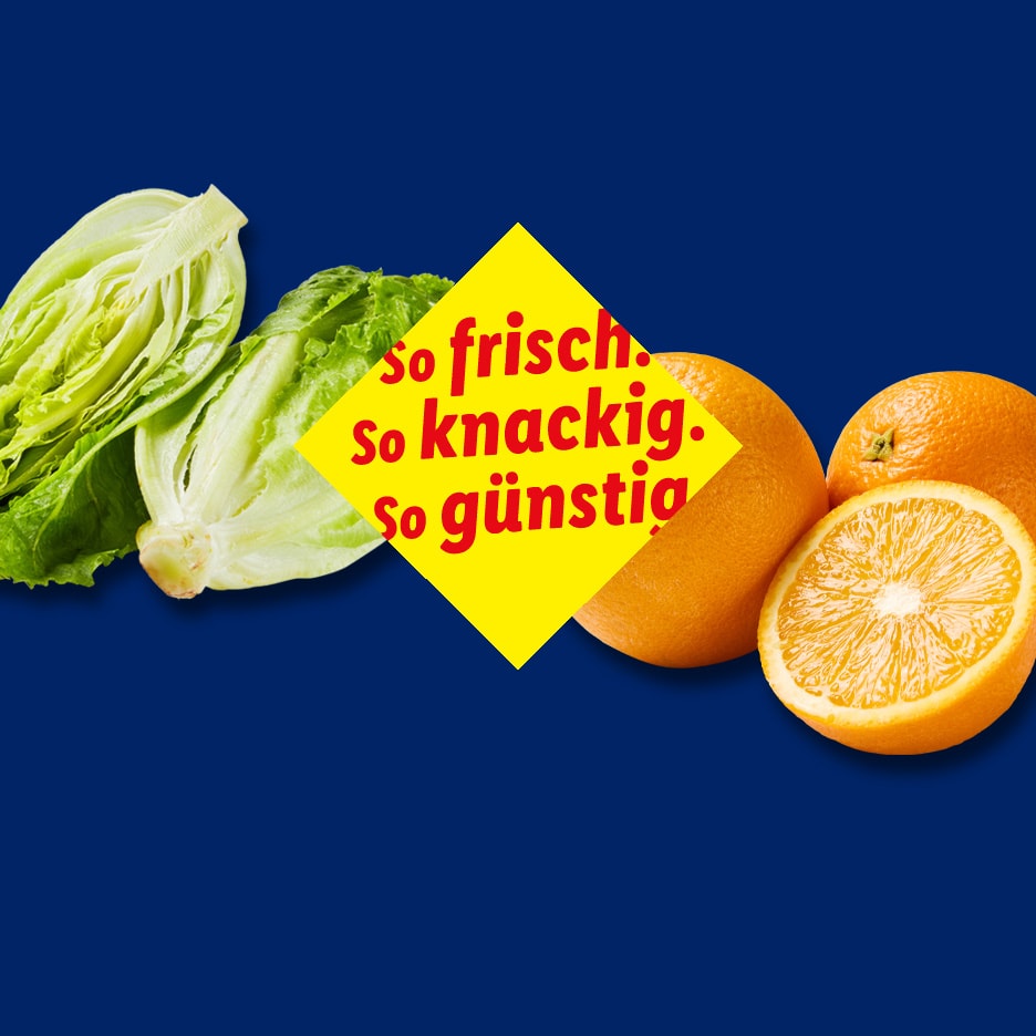 Salat und Orangen mit gelbem Preisschild: „so frisch. so knackig. so günstig.“