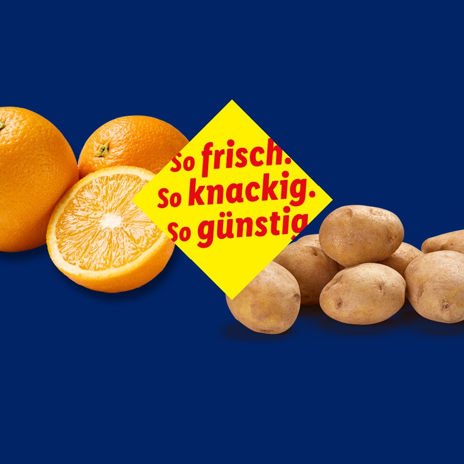 Orangen und Kartoffeln mit dem Text „so frisch, so knackig, so günstig“.