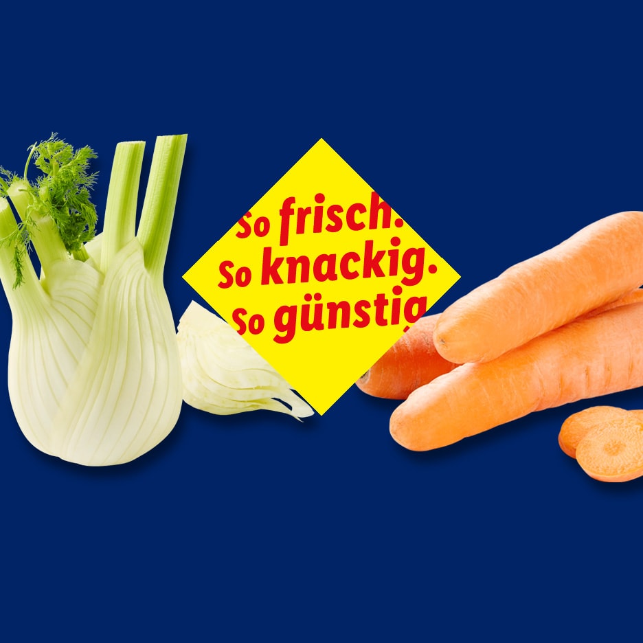 Fenchel und Karotten mit dem Text: 'so frisch. so knackig. so günstig.'