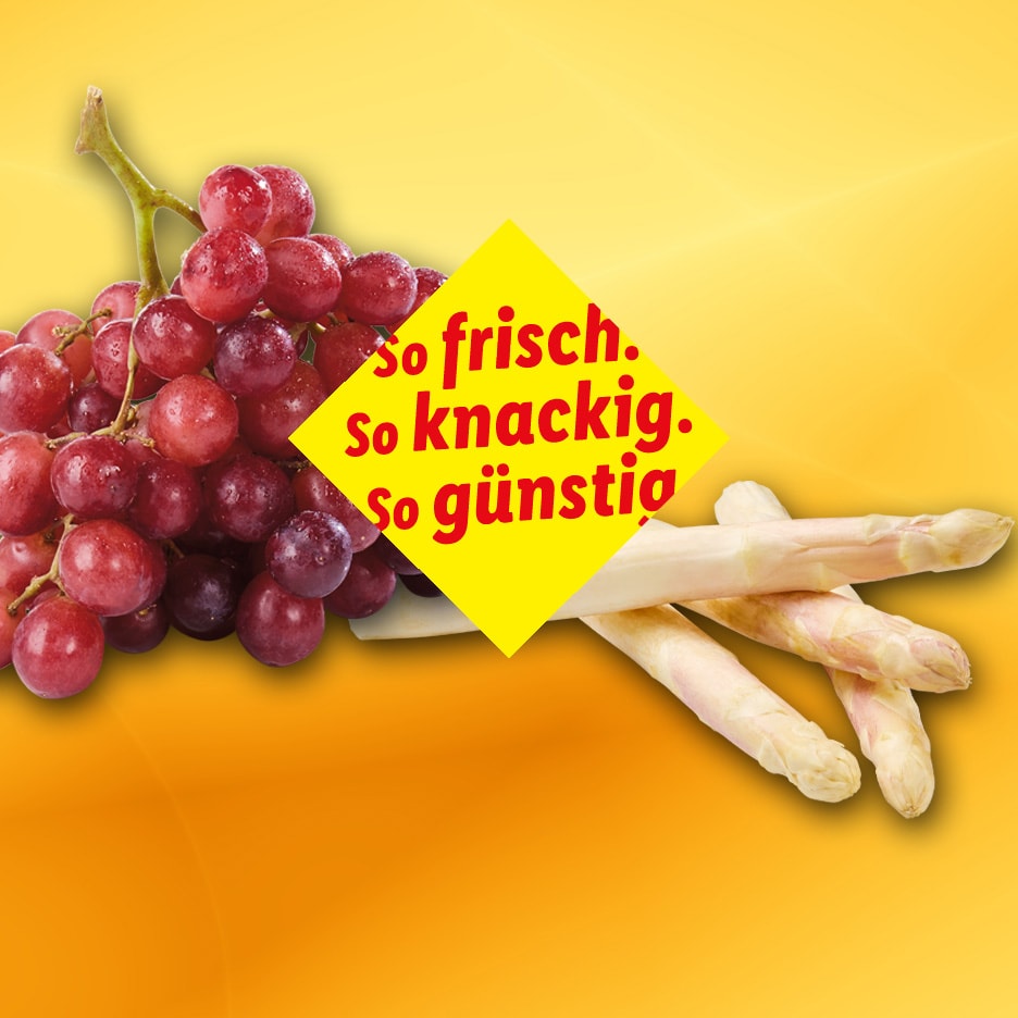Rote Trauben und weißer Spargel mit dem Schriftzug „so frisch, so knackig, so günstig“.