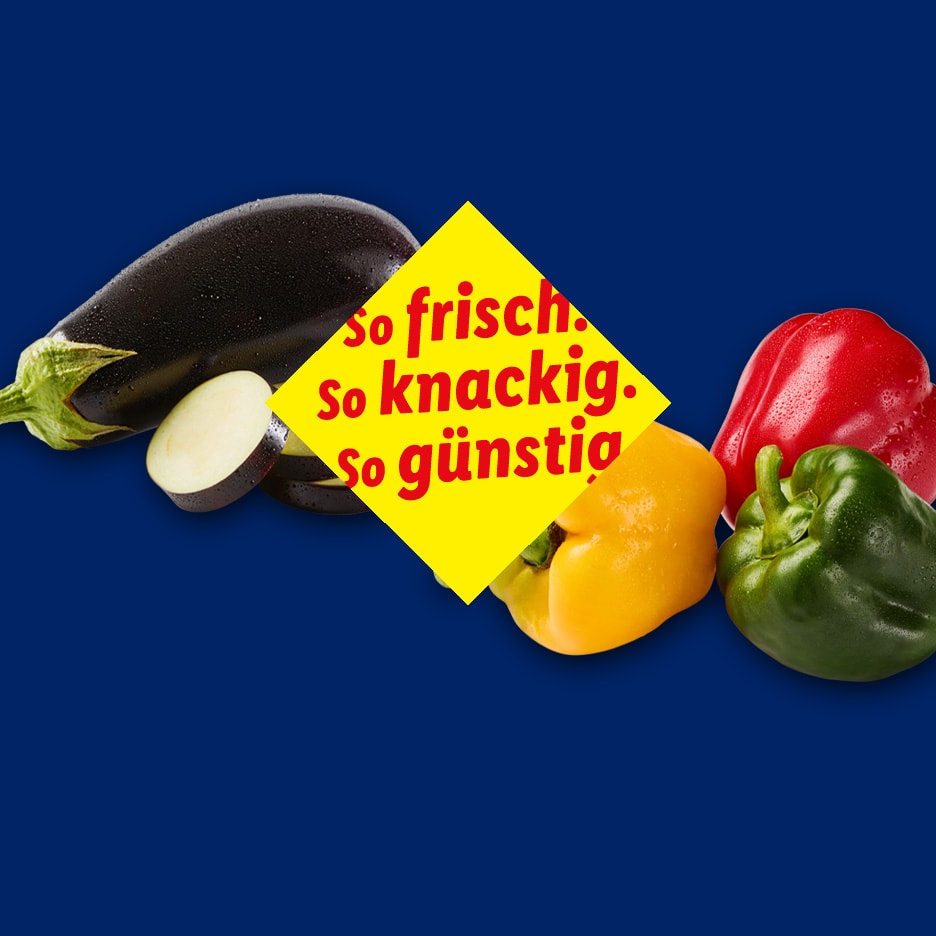 Frische Auberginen und Paprika mit gelbem Text: „so frisch, so knackig, so günstig“.