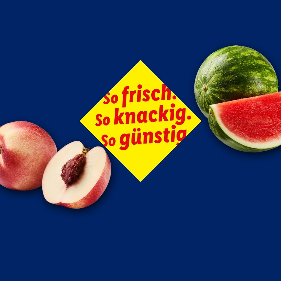 Nektarinen und Wassermelone mit gelbem Preisschild: 'so frisch. so knackig. so günstig.'