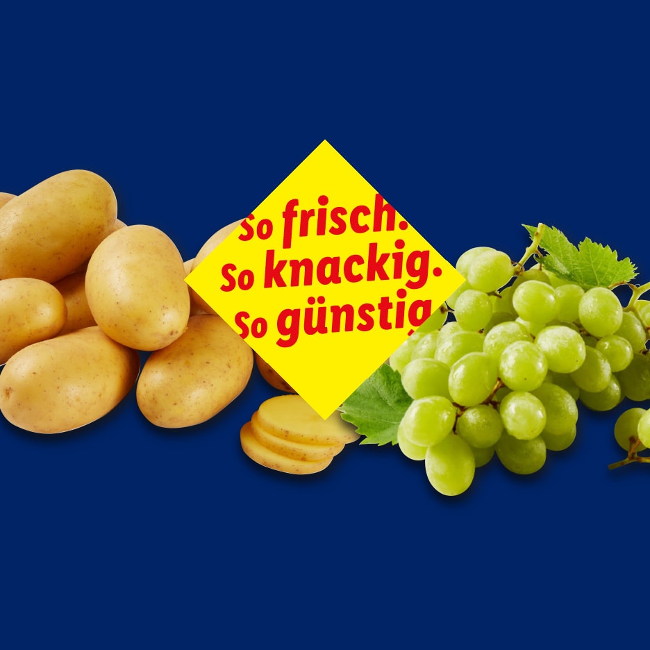 Kartoffeln und grüne Trauben mit einem gelben Schild: „so frisch, so knackig, so günstig“.
