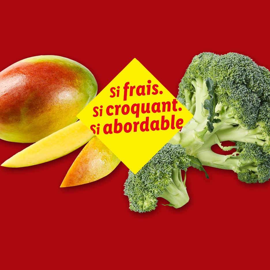 Mangue et brocoli avec le texte « si frais. si croquant. si abordable. »