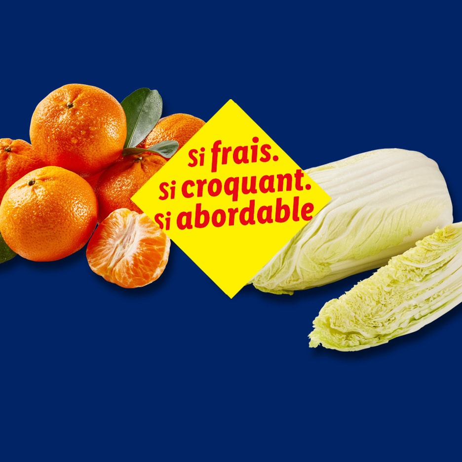 Frische Mandarinen und Chinakohl mit dem Text 'so frisch, so knackig, so günstig'.