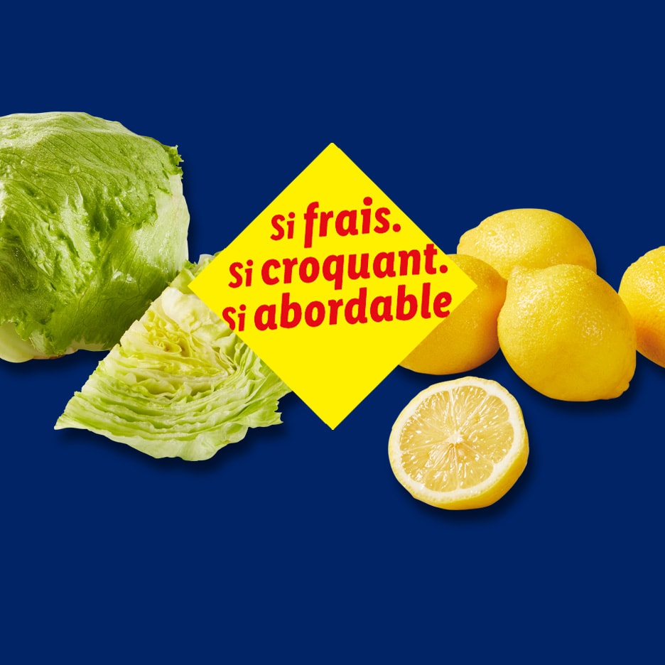 Salat und Zitronen auf blauem Hintergrund mit dem Text 'so frisch. so knackig. so günstig'.