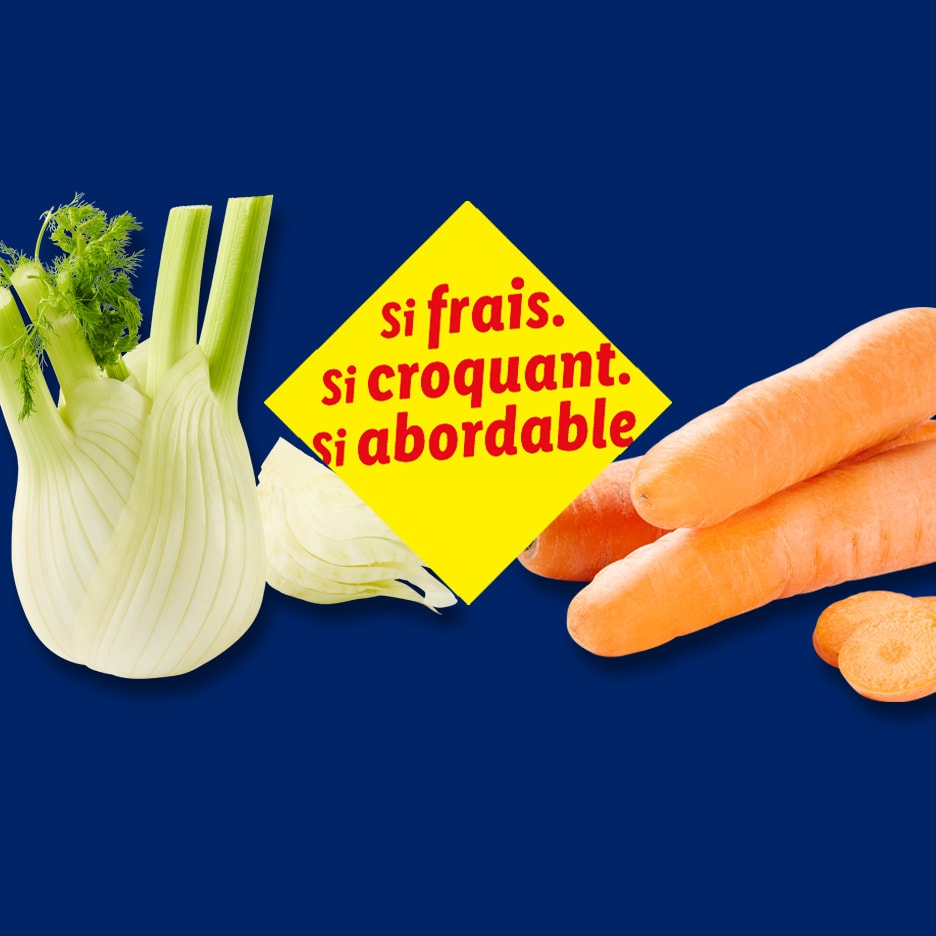 Fenouil et carottes sur fond bleu avec texte jaune : « si frais. si croquant. si abordable. »