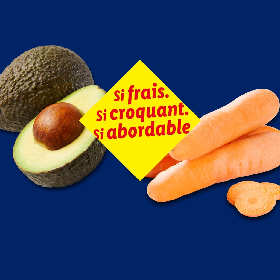 Frische Avocado und Karotten mit dem Text „so frisch, so knackig, so günstig“.