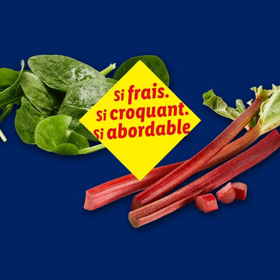 Spinat und Rhabarber auf blauem Hintergrund mit gelbem Text: „so frisch, so knackig, so günstig“.