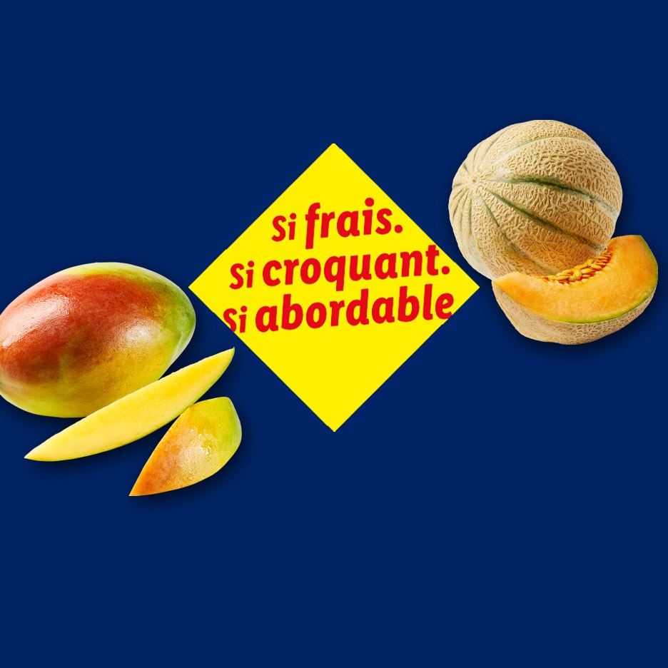 Mango und Melone mit gelbem Schild: „So frisch. So knackig. So günstig.“