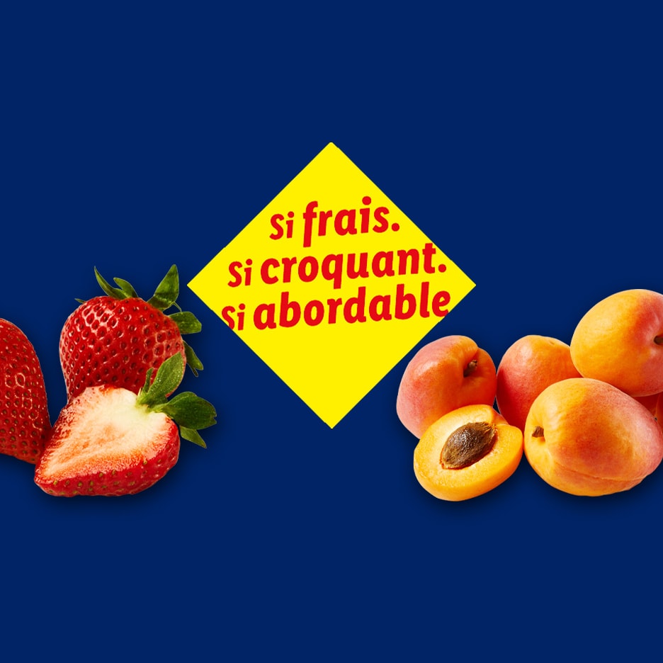 Frische Erdbeeren und Aprikosen mit dem Text 'so frisch, so knackig, so günstig'.