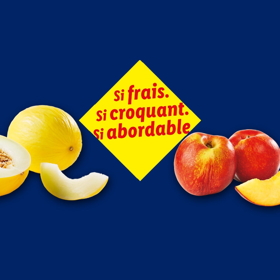 Melonen und Nektarinen auf blauem Hintergrund mit gelbem Textfeld: 'So frisch. So knackig. So günstig.'