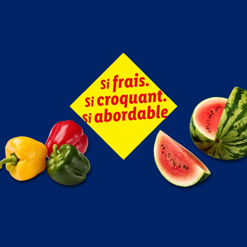 Bunte Paprika und Wassermelone mit dem Text 'So frisch. So knackig. So günstig.'