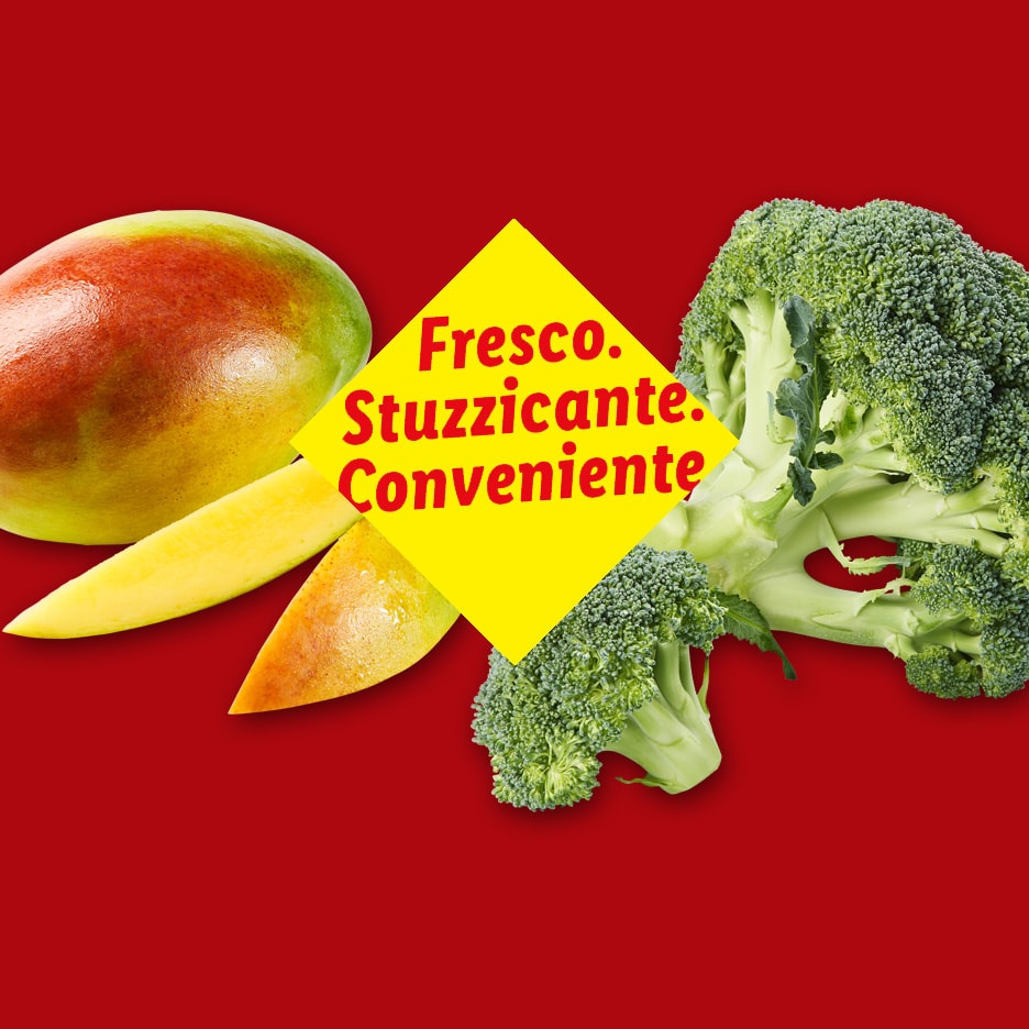 Mango fresco e broccoli con il testo « Fresco. Stuzzicante. Conveniente. »
