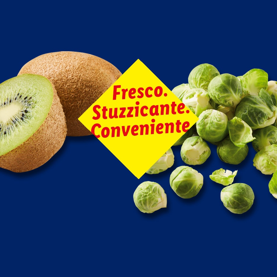 Kiwi e cavoletti di Bruxelles con testo 'Fresco. Stuzzicante. Conveniente' su sfondo blu.