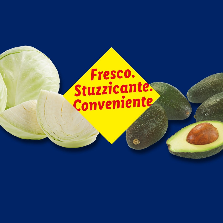 Cavolo e avocado su sfondo blu con testo giallo: 'Fresco. Stuzzicante. Conveniente'.