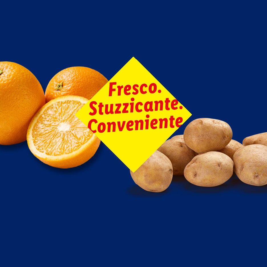 Arance e patate su sfondo blu con testo giallo: « Fresco. Stuzzicante. Conveniente. »